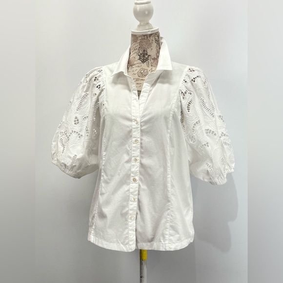 NIC+ZOE White puff eyelet sleeve button down top size L - Picture 3 of 15